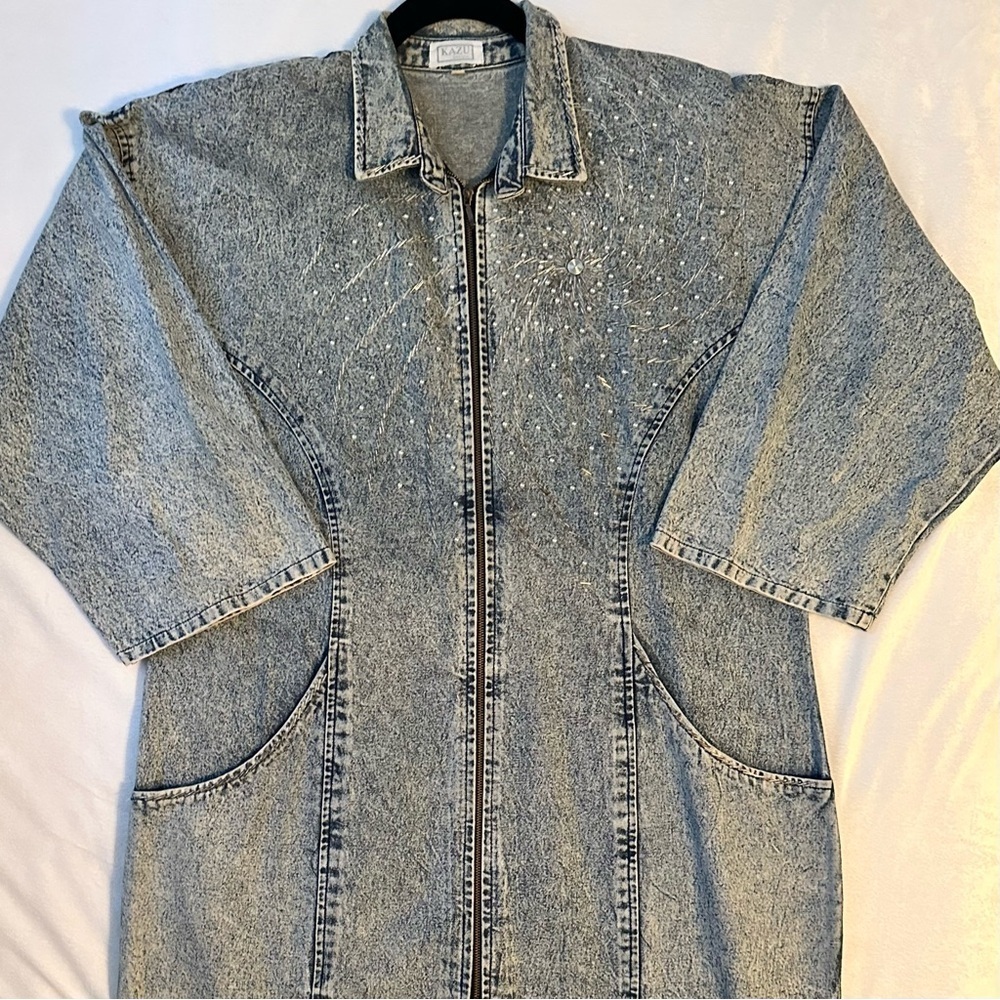 Vintage 80s Handmade KAZU Designs Long Denim Dress XL Beaded Embellished Zip - Picture 6 of 13